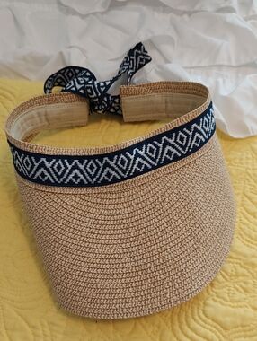 Woven Straw Sun Visor with Navy Patterned Trim